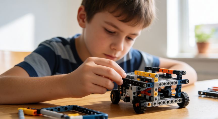Niño de diez años concentrado construyendo un modelo mecánico complejo