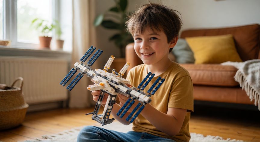 Niño de 9 años jugando con un complejo juego de construcción