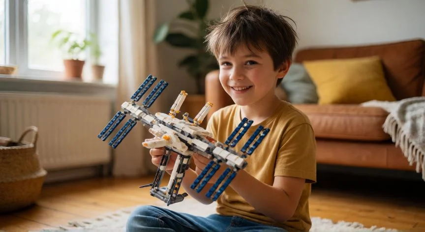Niño de 9 años jugando con un complejo juego de construcción