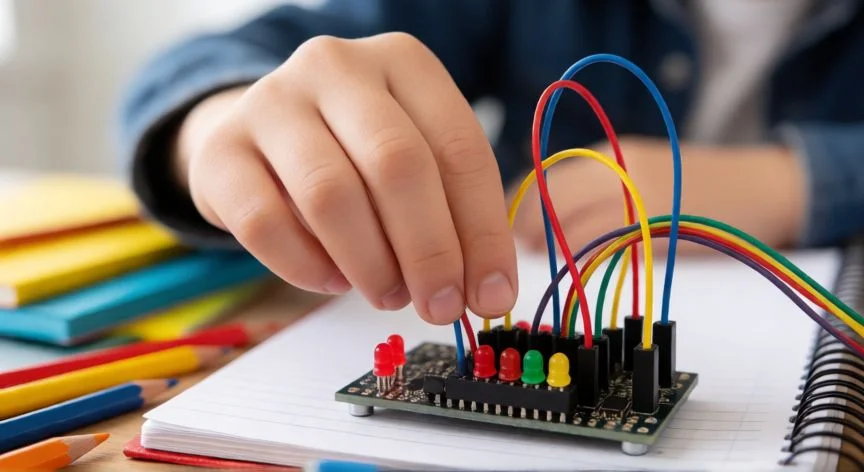 cual es el mejor regalo para niño de 9 años, Manos de un niño realizando un experimento científico con circuitos