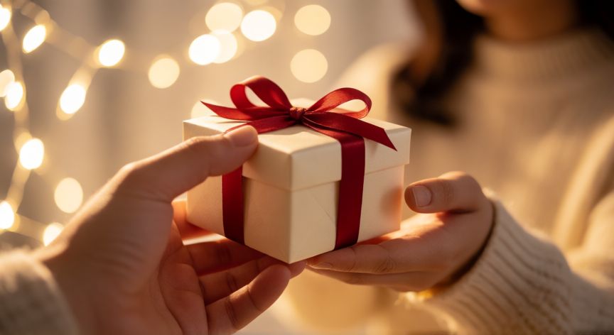 Manos entregando una caja de regalo elegante con lazo rojo en un ambiente romántico