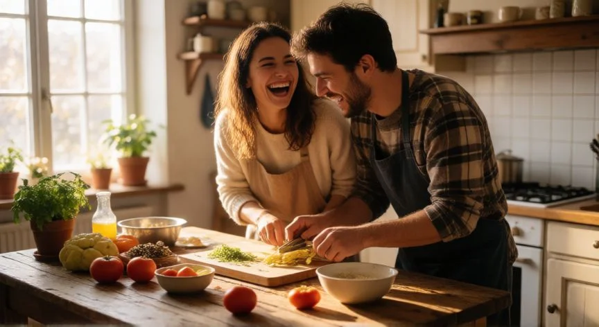cual es el mejor regalo para san valentin, Pareja disfrutando de una experiencia compartida cocinando juntos en la cocina
