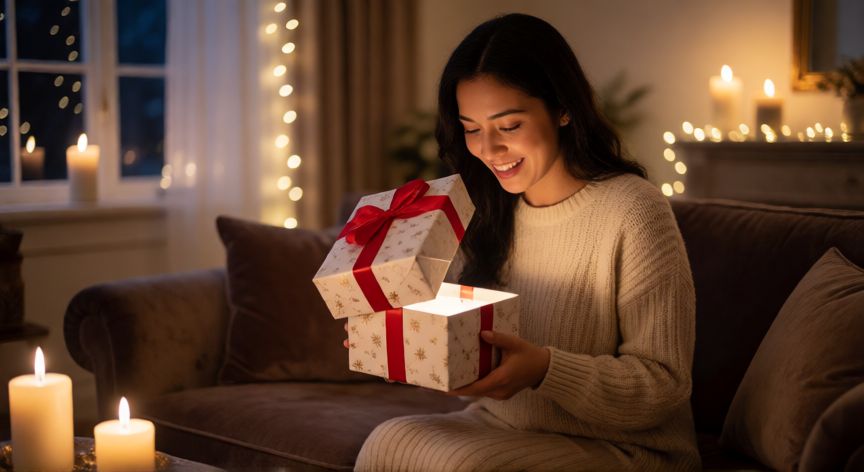 Mujer feliz abriendo un regalo romántico en un ambiente cálido y acogedor