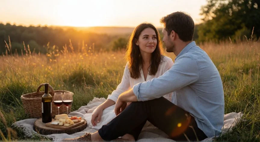 cual es el mejor regalo para san valentin para una mujer, Pareja disfrutando de un picnic al atardecer en la naturaleza con vino y queso