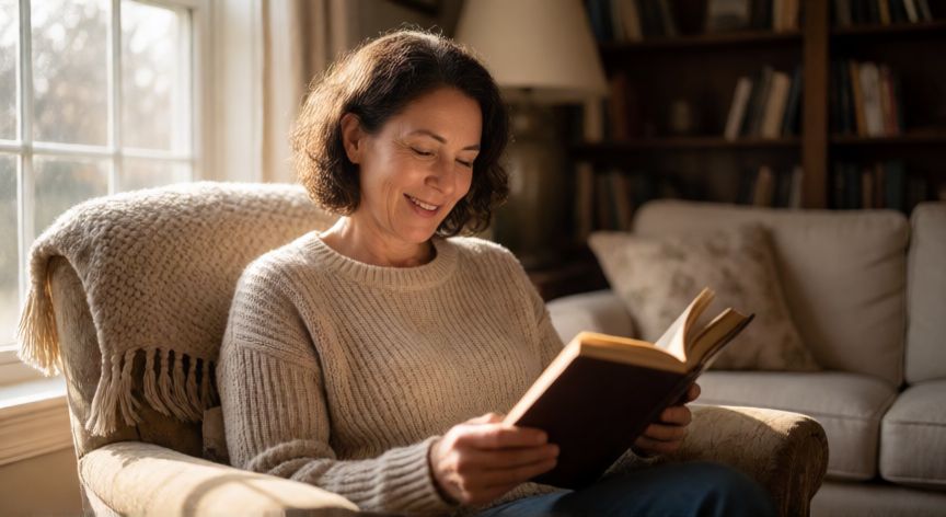 Mujer leyendo un libro en una silla cómoda con luz natural