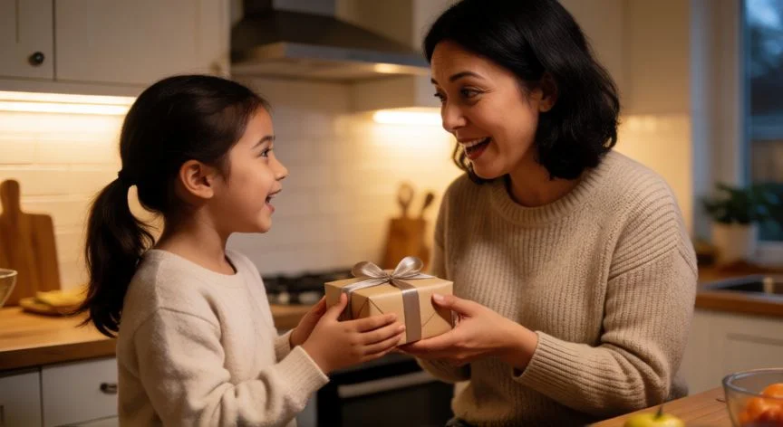 cuál es el mejor regalo para tu mamá, Hija entregando un regalo envuelto a su madre en la cocina