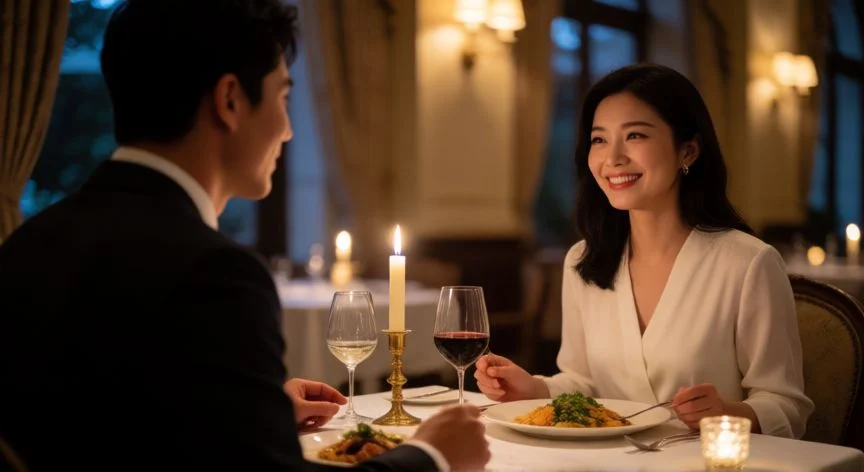 cual es el mejor regalo para tu novia, Pareja compartiendo una cena romántica como experiencia de regalo
