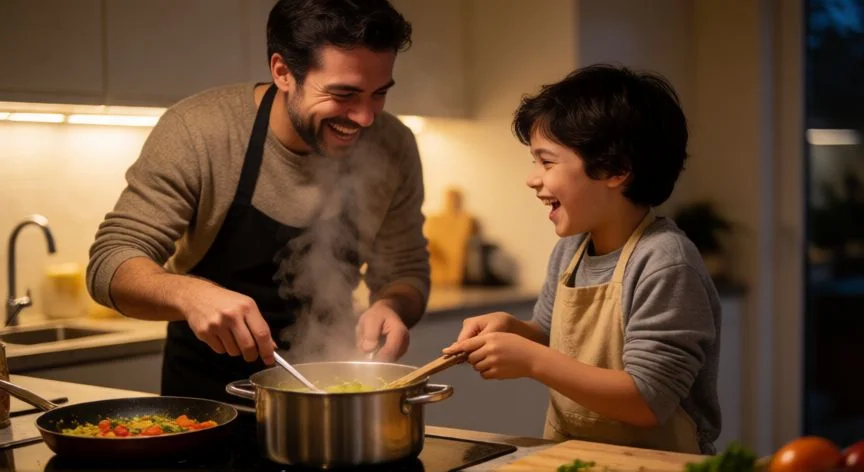 cuál es el mejor regalo para tu papá, Padre e hijo disfrutando de una experiencia culinaria conjunta