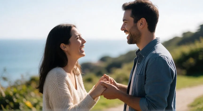 cual es el mejor regalo para tu pareja, Pareja feliz compartiendo un momento de risas y conexión en un entorno al aire libre