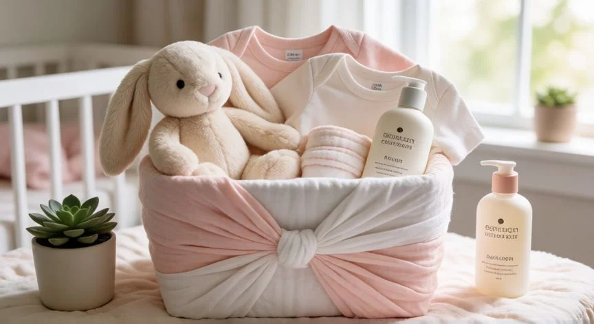 cual es el mejor regalo para un baby shower niña, Neceser gourmet de regalo para baby shower con ropa de bebé y productos de aseo en tonos pastel