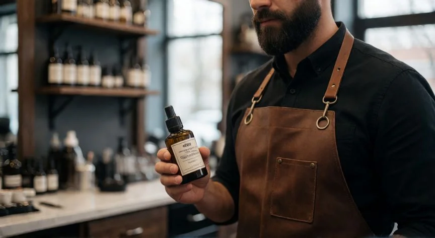 cual es el mejor regalo para un barbero, Barbero con delantal de cuero sosteniendo productos de cuidado