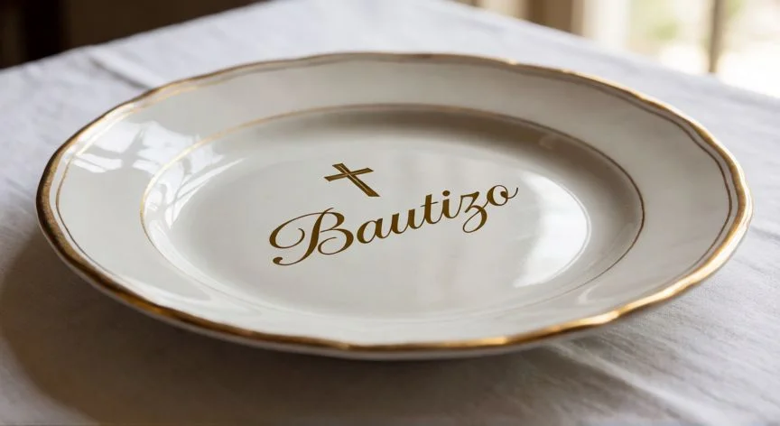 cual es el mejor regalo para un bautizo, Plato de porcelana elegante grabado con el texto Bautizo para regalo