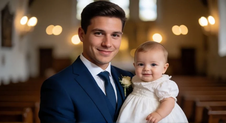 cual es el mejor regalo para un bautizo, Padrino con traje elegante junto al bebé en su día de bautizo