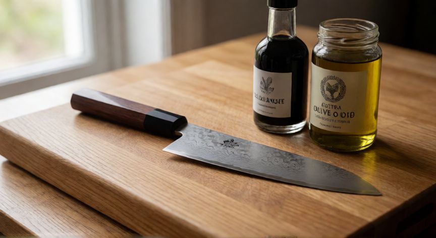 cuál es el mejor regalo para un chef, Cuchillo japonés premium y aceites artesanales sobre tabla de madera