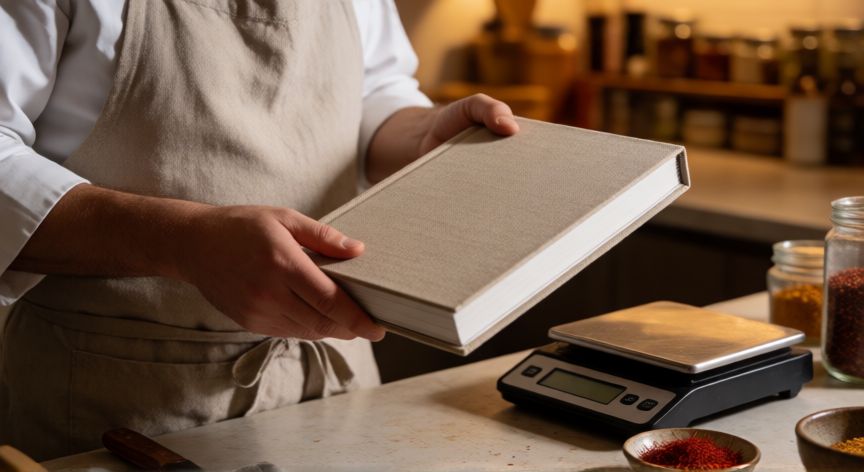 cuál es el mejor regalo para un chef, Chef con delantal de lino sosteniendo libro de cocina y especias