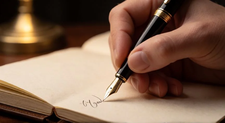 cual es el mejor regalo para un escritor, Mano escribiendo con bolígrafo estilográfico en libreta de cuero