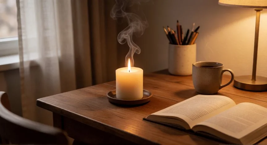 cual es el mejor regalo para un escritor, Escritorio acogedor con vela encendida y taza de café para escribir