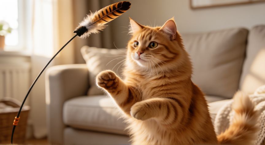 cual es el mejor regalo para un gato, Gato naranja jugando con un juguete de plumas en el salón