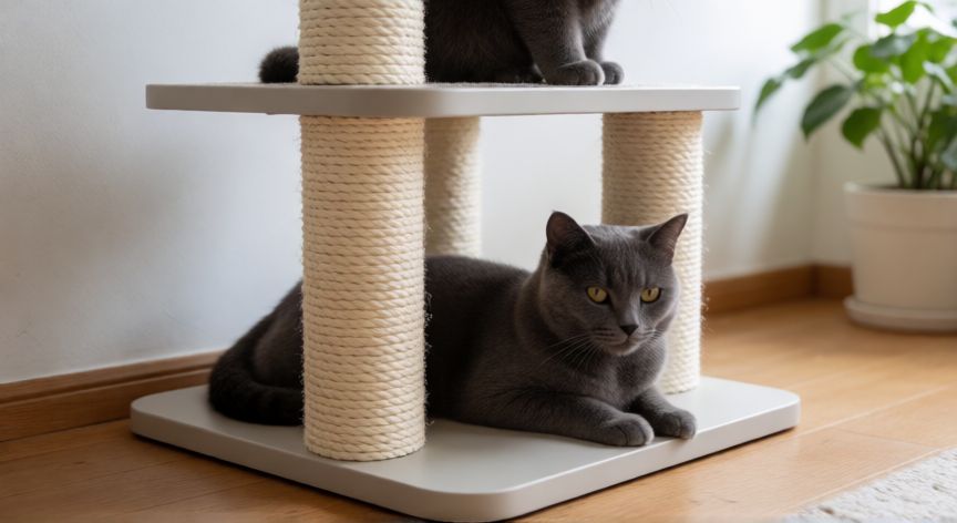 cual es el mejor regalo para un gato, Rascador vertical de yute con plataforma para gato en una sala luminosa