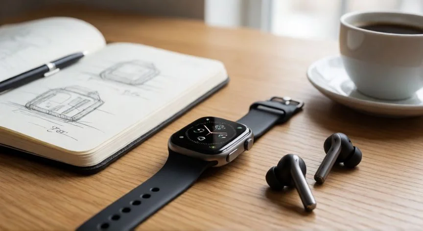 Gadgets tecnológicos modernos sobre un escritorio de madera para regalo