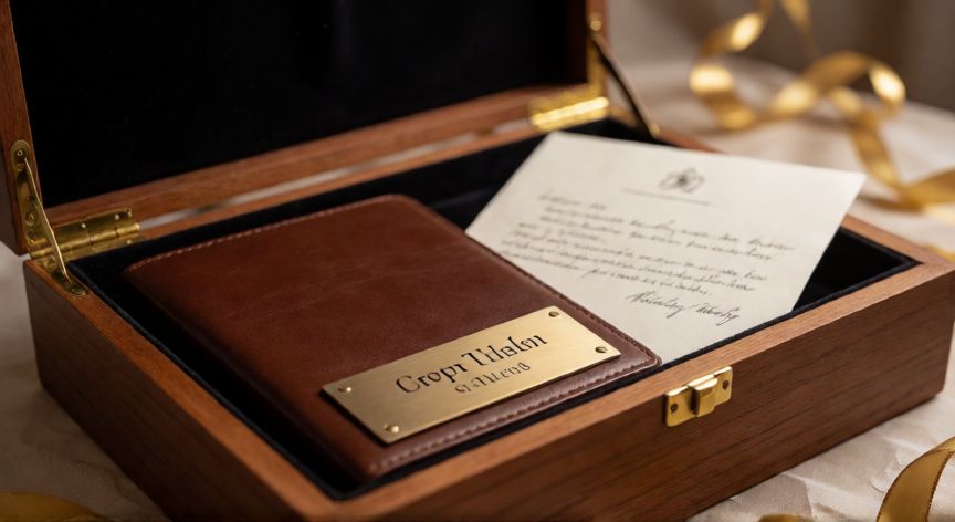 Caja de regalo con maletín de piel y carta manuscrita para graduado