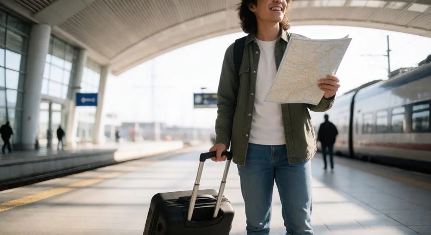 cual es el mejor regalo para un graduado, Joven con equipaje listo para viajar celebrando su graduación