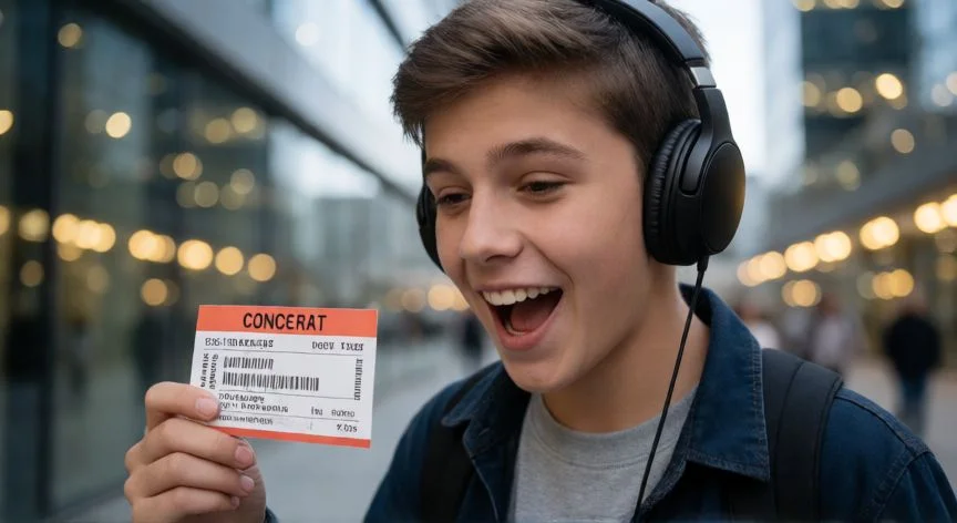 cual es el mejor regalo para un hijo, Adolescente feliz sosteniendo entradas para un concierto
