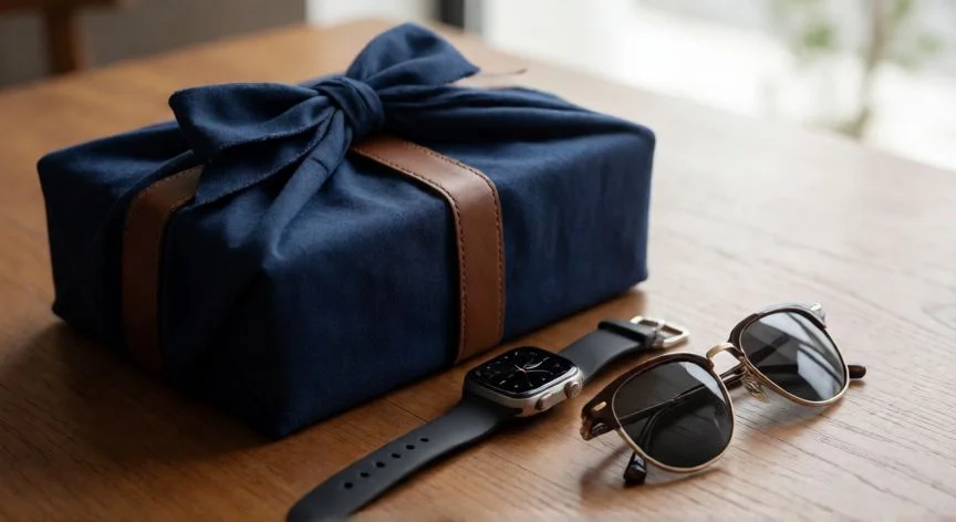 Regalos tecnológicos y elegantes para hombre sobre mesa de madera