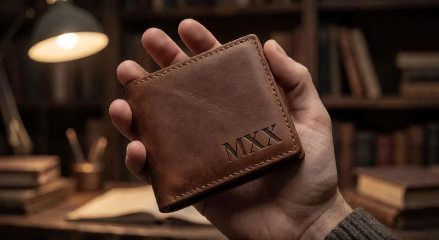 cual es el mejor regalo para un hombre, Detalle de cartera de cuero personalizada con iniciales grabadas