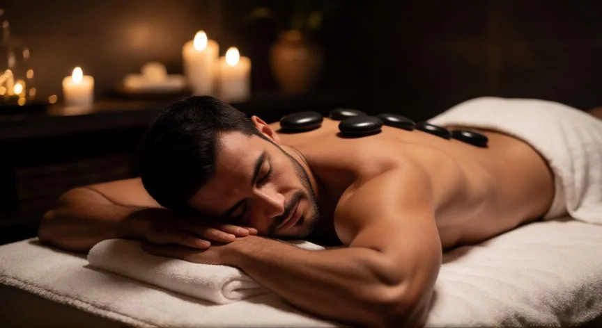 cual es el mejor regalo para un hombre tauro, Hombre relajándose en un spa de lujo con piedras calientes