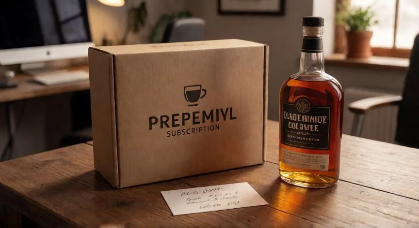 cual es el mejor regalo para un jefe, Caja de café de especialidad y botella de licor con tarjeta de regalo en una mesa de madera