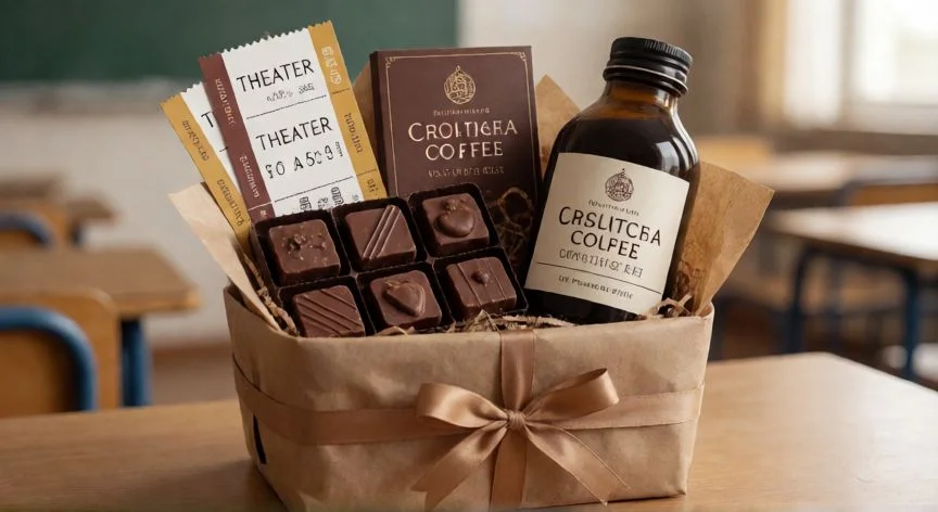 cual es el mejor regalo para un maestro, Cesta gourmet con tarjeta escrita 'Gracias profe' y dibujo infantil