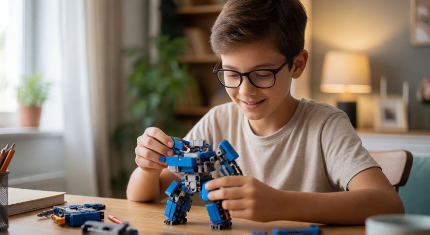Niño de 11 años disfrutando armando un robot educativo en su habitación