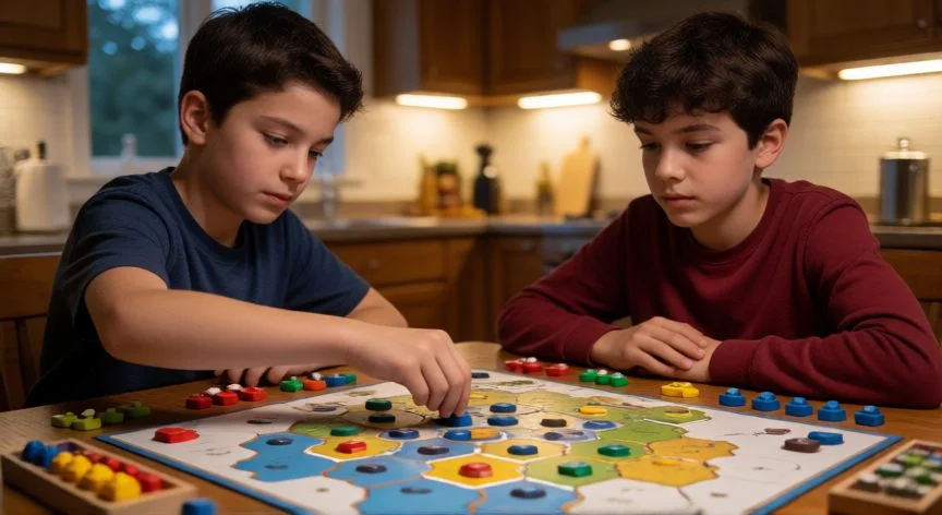 cual es el mejor regalo para un niño de 11, Preadolescentes jugando un juego de mesa de estrategia en la mesa