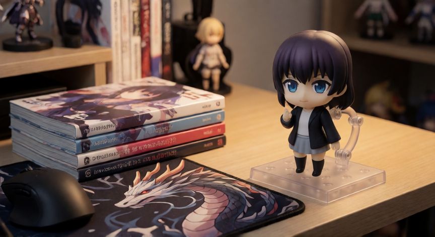Mesa de escritorio organizada con figuras de anime y libros de arte