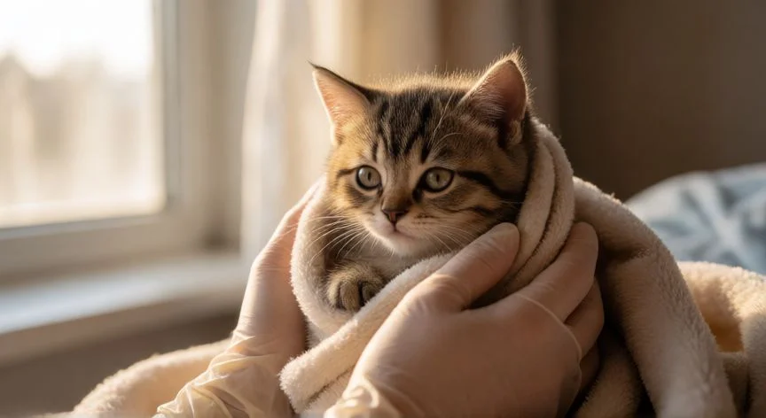 cual es el mejor regalo para un veterinario, Manos de veterinario sosteniendo con cariño a un gatito en una clínica