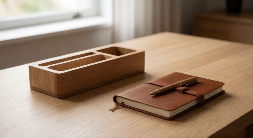 Organizador de escritorio minimalista y cuaderno de piel para regalo Virgo