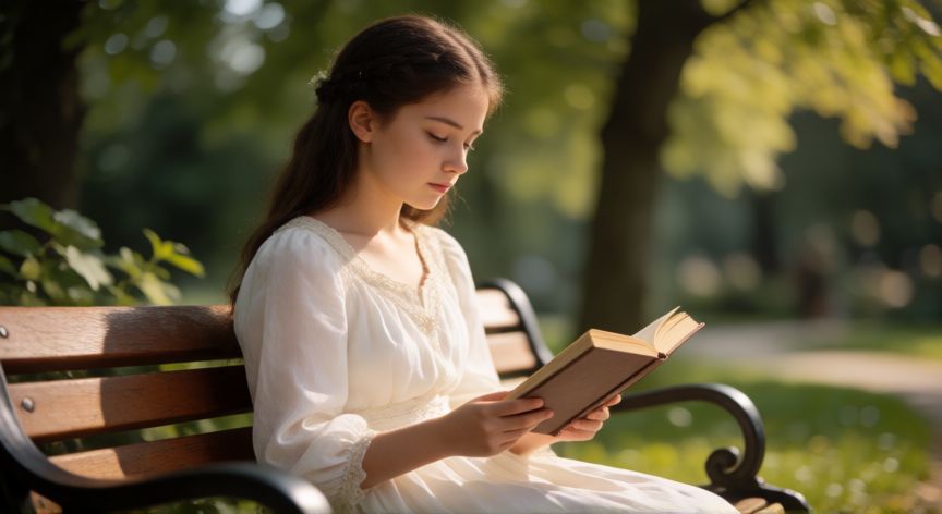Joven leyendo un libro en un parque con luz natural suave