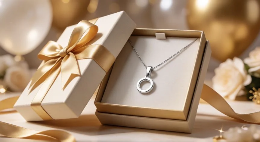 cual es el mejor regalo para una 15 añera, Caja de regalo elegante con collar de plata y lazo dorado sobre fondo festivo