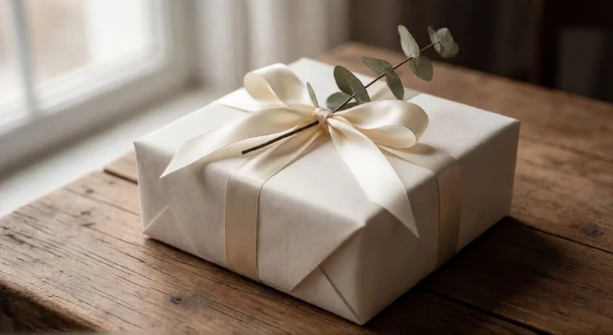 Caja de regalo elegante envuelta con lazo y rama de eucalipto sobre mesa de madera