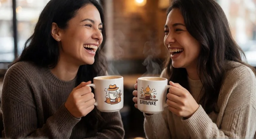 cual es el mejor regalo para una amiga, Dos amigas riendo felices tomando café en una cafetería acogedora
