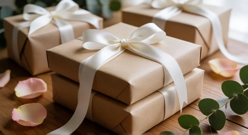 cual es el mejor regalo para una boda, Caja de regalo de boda envuelta con esmero sobre mesa de madera