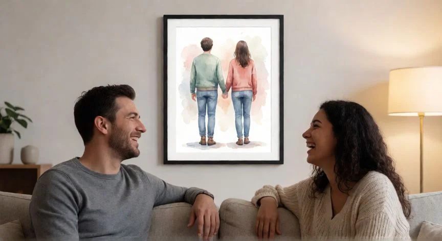 cual es el mejor regalo para una boda, Parella joven admirando un cuadro personalizado en su salón moderno