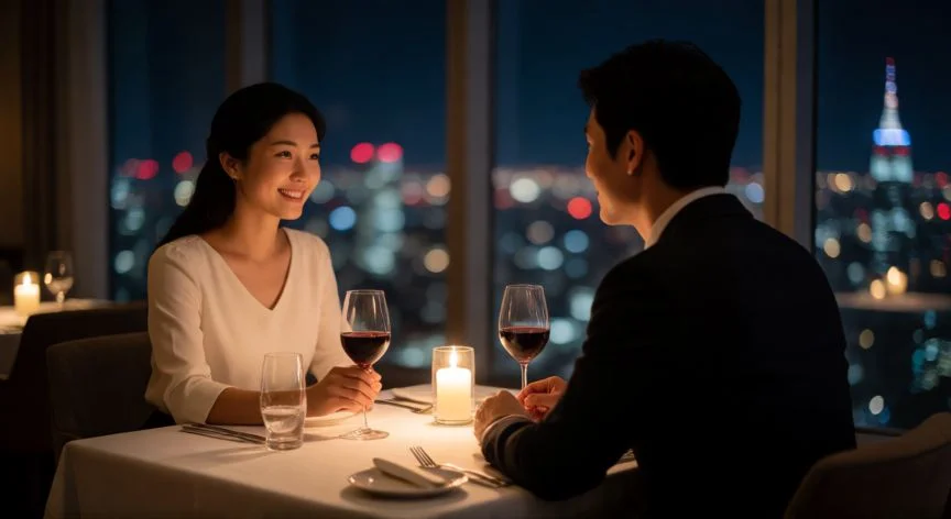 cual es el mejor regalo para una chica, Pareja disfrutando de una cena romántica con vistas nocturnas