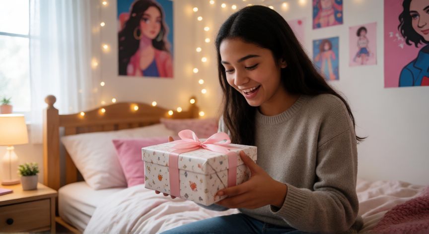 Joven de quince años abriendo un regalo sorpresa en su habitación