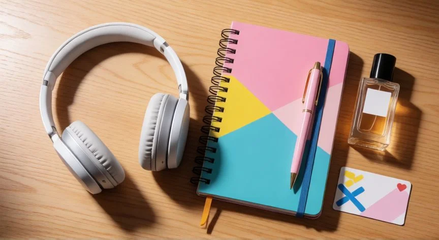 cuál es el mejor regalo para una chica de 15, Colección de accesorios y regalos modernos sobre un escritorio