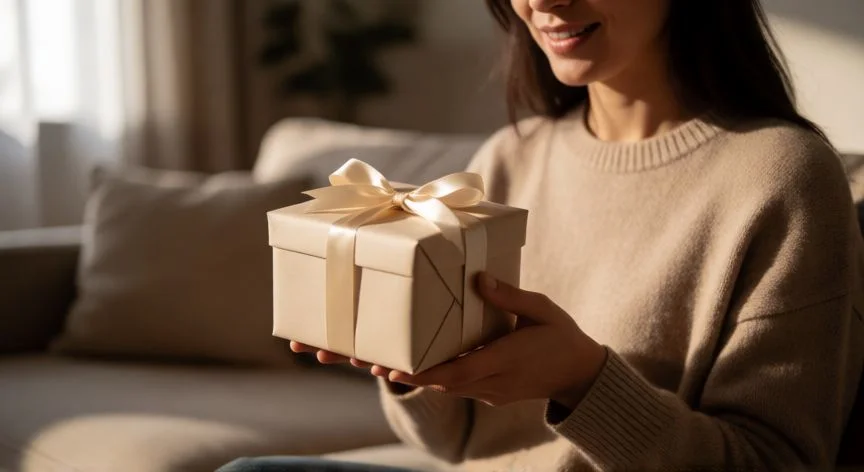 Madre recibiendo un regalo elegante envuelto con cinta de satén en un salón acogedor