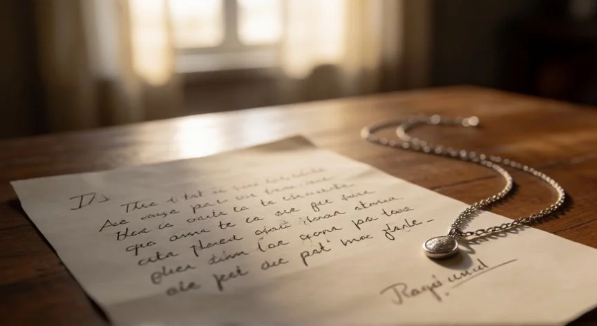 cual es el mejor regalo para una madre, Carta escrita a mano en español junto a un collar de plata delicado sobre una mesa de madera