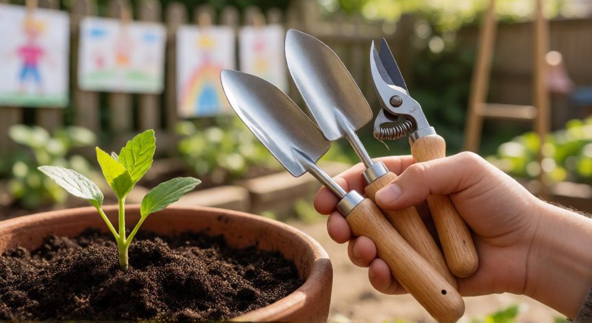 Herramientas de jardinería ergonómicas y una planta joven en un jardín escolar soleado