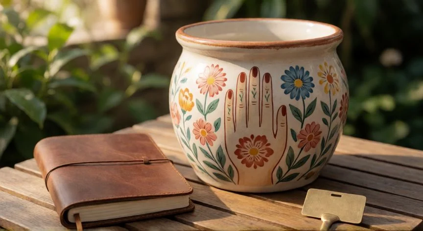 cual es el mejor regalo para una maestra jardinera, Maceta cerámica personalizada y cuaderno de campo sobre una mesa de madera al aire libre